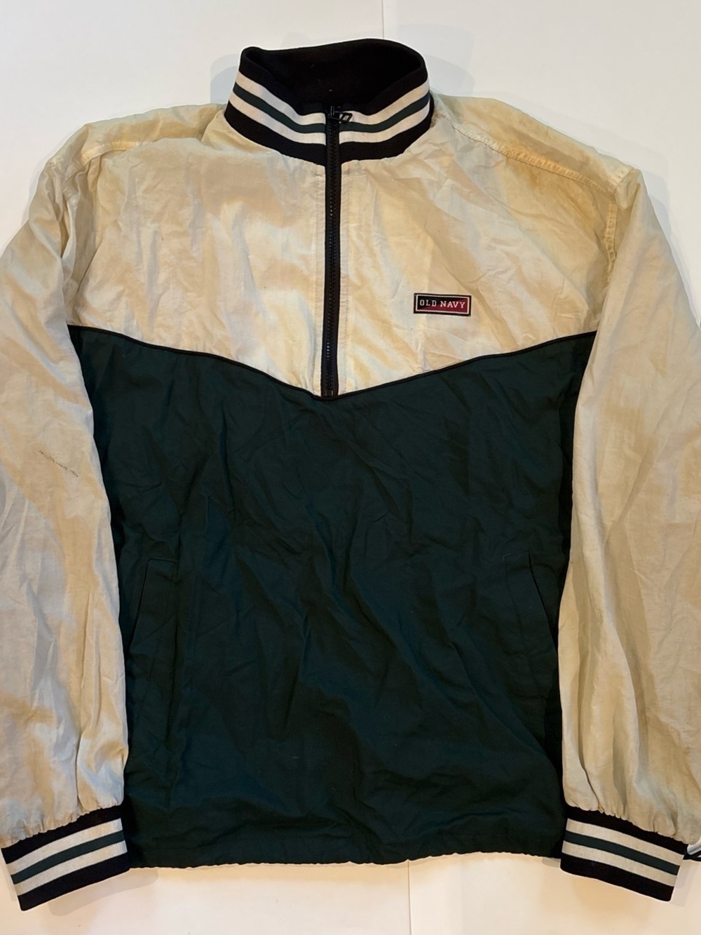 Vintage Old Navy Men’s Two-Tone Cream & Dark Green Half-Zip Jacket